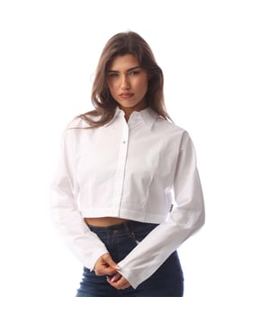 Womens HUGO Etsoukie Cropped Shirt in white- Regular fit- Cropped length- Point collar- Long sleeves with buttoned cuffs- Button closure- 97% Cotton  3% Elastane.  Machine washable.- Ref: 50539315-100