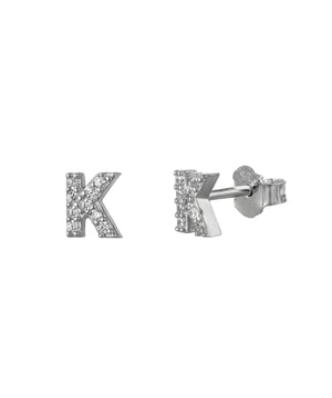 A personal and timeless piece for your ear. These classic stud earrings feature a single, elegant letter 'K' crafted from polished sterling silver and set with brilliant white cubic zirconia stones. They are a subtle yet stylish way to express your individuality or honour a loved one with a piece that is both personal and chic. Measures: 5mm(w) x 5mm(h)