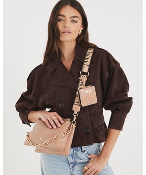 Patent, RI monogram print, Branded cross body strap, Gold chain detail, Purse keychain, Zip fastening, Strap length: 65cm, H: 17.5cm x W: 24cm x D: 8cm