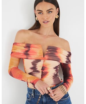 Mesh fabric, Abstract print, Bardot neckline, Notch detail, Long sleeves, Ruched