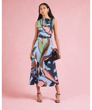 Satin fabric, Abstract print, Round neckline, Sleeveless, Twist detail, Zip fastening, Midi length