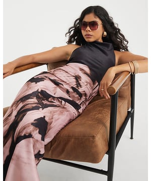 Satin fabric, Printed, Cowl neck, Sleeveless, Maxi length, Halter neck