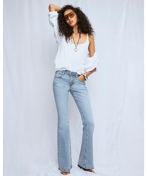Denim fabric, Mid rise, Bootcut leg, Belt loops, Classic 5 pocket styling, Zip and button fastening