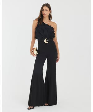 One Shoulder, Sleeveless, Ruffle Front Detail, Belted, Flared Leg