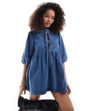 chinese dress ladies Blue Floral Dress Balloon Sleeve Lace Up Back Ring Chiffon