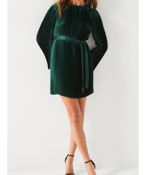 V BY VERY GREEN PLEATED BELTED MINI DRESS