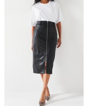 V BY VERY BLACK FAUX LEATHER ZIP FRONT MIDI SKIRT