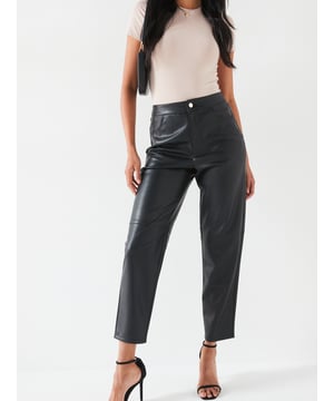 V BY VERY BLACK FAUX LEATHER SEAM DETAIL TROUSERS