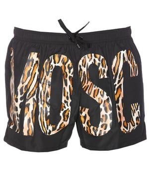 Moschino Black Swim Shorts, Elasticated Waistband, Drawstrings, Leopard Print Logo, 100% Polyester, Made In Italy, Large Brand Logo All Around, Brand Logo, Black Swim Wear