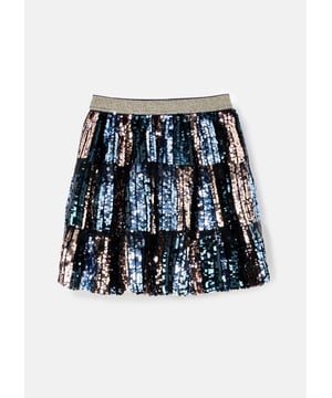 Behold the skirt of your dreams! A fabulous trio of coloured sequins in a full tiered skirt finished with a metallic gold waistband. Dress up or dress down but always SPARKLE! About me: 100% Polyester exc trims. Angle and Rocket cares: I have Sustainable Diamonte and Sequins Look After Me: Think Planet. Wash At 30C.