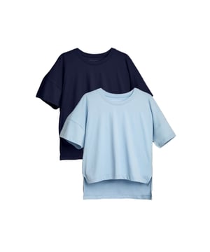 Introducing this two pack of basic crew neck t-shirts from French Connection. The t-shirts feature a cropped boxy fit, a classic crew neck and a high-low hem, making them perfect staples for any wardrobe. Whether paired with jeans, skirts, or shorts, these versatile tees offer comfort and effortless style for any occasion. Made from 100% cotton fabric to ensure comfort and quality. This pack contains two t-shirts in navy and blue.