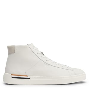 Mens BOSS Clint Hi-Top Trainers in white.- 100% Cow skin.- Lace up fastening.- High top.- Durable construction.- BOSS signature-stripe accent on the side sole.- Rubber sole.- Ref: 50486503100