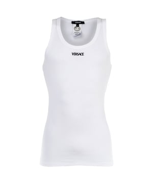 Hochwertiges VERSACE Tank Top für Herren mit edlem Design. Geripptes Unterhemd mit Rundhals Ausschnitt und markentypischen Logo Details.