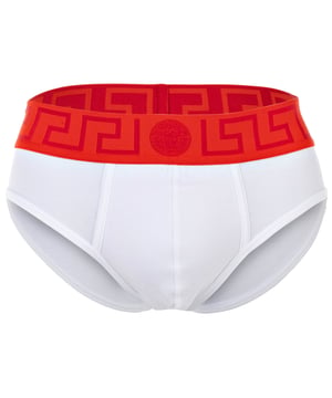 Eleganter Herren Slip der Marke VERSACE. Hochwertige einfarbige Unterhosen. Greca-Muster und Medusa-Motiv am elastischen Bund.