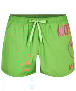 Moschino groene zwemshort, elastische tailleband, trekkoorden, MIlano-stijl, 100% polyester, gemaakt in Italie, groot merklogo op de pijpen, merklogo, groene zwemkleding