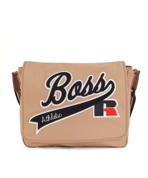 Structured nylon with firm hand feel. Main compartment with flap and velcro closure. Internal zip pocket. Adjustable shoulder strap. Capsule BOSS for Russell Athletic. Dimensions: 40 x 38 x 9 cm. Material: 100% Polyamide. Ref: 50465332262.
