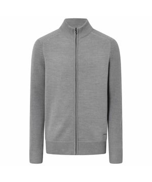 Einfarbige Cardigan für Herren von der Marke JOOP!. Hochwertiger Woll-Mix, Feinstrick mit Rippstrick kombiniert, Stehkragen-Kragen und Reißverschluss.