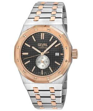 The Gevril Gotham Men’s Watch is a bold celebration of luxury and urban sophistication, drawing inspiration from the exclusive Gotham neighborhood and its prestigious Park Row district. Known for its stately architecture and as a haven for New York’s elite, Park Row epitomizes a legacy of wealth, power, and refinement—qualities embodied in this remarkable timepiece. Crafted with meticulous attention to detail, the Gotham Watch features a 41mm round case, accentuated by a rich top ring that evokes the gleam of opulent cityscapes. The embossed dial, adorned with elegant detailing, mirrors the understated grandeur of Park Row’s historic façades and its harmonious blend of tradition and modernity. A day display positioned at 3 o’clock enhances its practicality, reflecting the precision demanded by those who command time and success. The push/pull hexagon crown, a signature of strength and distinctiveness, and the exhibition case back offer a glimpse into the Swiss-made Sellita SW200-1 automatic movement, a testament to the timepiece's exceptional craftsmanship. The stainless-steel satin bracelet, secured by a deployment buckle, combines durability with an effortless sense of style, reminiscent of the polished sophistication that defines Park Row’s affluence. Protected by an anti-reflective sapphire crystal and water-resistant up to 100 meters, the Gotham Watch is as resilient as the city it represents. It is designed for the discerning gentleman who seeks a timepiece that embodies both function and artistry—a watch that resonates with the rhythm of New York City, where ambition meets elegance. The Gevril Gotham Men’s Watch is more than a timepiece; it is a statement. With every glance, it serves as a reminder of Park Row’s legacy and the wearer’s connection to a world of luxury, power, and prestige.