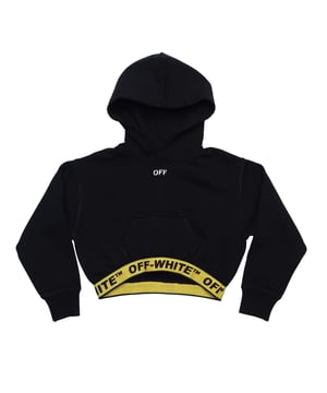 Juniors Off White Logo Industrial Crop Hoodie in black - yellow.- Hooded.- Kangaroo pocket.- Ribbed cuffs.- Branded elasticated hem.- Cropped.- 100% Cotton.- Ref: OGBB0050021018