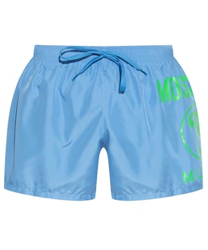 Moschino Blue Swim Shorts, Elasticated Waistband, Drawstrings, MIlano Style, 100% Polyester, Made In Italy, Large Brand Logo Down Shorts Leg, Brand Logo, Blue Swim Wear