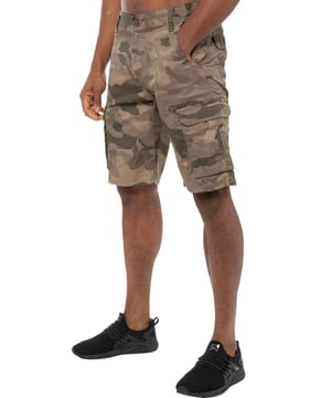 Pantalones cortos de camuflaje Kruze en caqui claro, 65% poliéster, 35% algodón, media altura, pantalones cortos de ajuste regular, con 2 bolsillos delanteros, 2 bolsillos traseros abotonados y 2 bolsillos laterales Velcro y cierre de mosca con cremallera, lavables a máquina, para ocasiones casuales