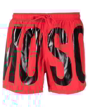 Moschino Red Swim Shorts, Elasticated Waistband, Drawstrings, All-over Print Logo, 100% Polyester, Made In Italy, Large Brand Logo All Around, Brand Logo, Red Swim Wear
