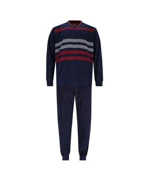 Frottee-Pyjama für Herren von der Marke hajo. Gestreiftes Oberteil mit V-Ausschnitt und einfarbige Hose, elastische Rippbündchen, weicher Baumwoll-Mix.