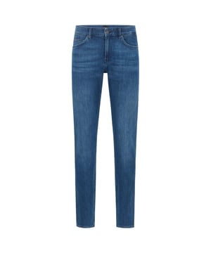 Mens BOSS Delaware3 Slim-Fit JEans in blue.slim fit- for a modern silhouette - stretch fabric for the best wearing comfort - finest Italian fabric by candiani - super soft hand feel that almost feels like wearing cashmere - mid blue used wash and buffies- 92% Cotton  6% Elastomultiester  2% Elastane.  Machine washable.- Ref: 50438747-420