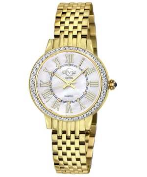 GV2 9153B Women's Astor III Genuine Diamond Watch

GV2 Women's Swiss Watch from the Astor III Collection
34mm IPYG Case, Diamond Cut Bezel
Brilliant White MOP Dial with Gold Indices, 12 Single Cut Diamonds on Dial, with Diamond-cut inner circle
Push Pull crown with Blue Cabochon Stone
IP Yellow Gold Bracelet with Deployment Buckle
Anti-reflective Sapphire Crystal
Water Resistant to 30 Meters/3ATM
Swiss Quartz Movement Ronda 763