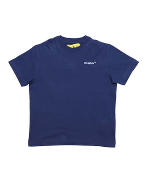 Juniors Off-White Logo Industrial T-shirt in navy - geel.- Ronde hals.- Korte mouwen.- Off-White™ logo vooraan.- Gele band met zwart Off-White™ logo achteraan.- 100% katoen.- Ref: OBAA0050014618