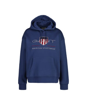 Stylischer Hoodie für Damen von der Marke GANT. Angenehm weicher Baumwoll-Mix. Große Logo-Stickerei, Känguru-Tasche, Kapuze mit Kordelzug.