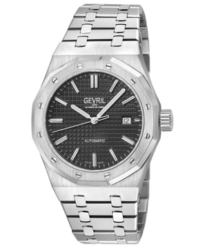 The Gevril Gotham Men&rsquo;s Watch is a bold celebration of luxury and urban sophistication, drawing inspiration from the exclusive Gotham neighborhood and its prestigious Park Row district. Known for its stately architecture and as a haven for New York&rsquo;s elite, Park Row epitomizes a legacy of wealth, power, and refinement&mdash;qualities embodied in this remarkable timepiece.
Crafted with meticulous attention to detail, the Gotham Watch features a 41mm round case, accentuated by a rich top ring that evokes the gleam of opulent cityscapes. The embossed dial, adorned with elegant detailing, mirrors the understated grandeur of Park Row&rsquo;s historic fa&ccedil;ades and its harmonious blend of tradition and modernity. A day display positioned at 3 o&rsquo;clock enhances its practicality, reflecting the precision demanded by those who command time and success. The push/pull hexagon crown, a signature of strength and distinctiveness, and the exhibition case back offer a glimpse into the Swiss-made Sellita SW200-1 automatic movement, a testament to the timepiece's exceptional craftsmanship. The stainless-steel satin bracelet, secured by a deployment buckle, combines durability with an effortless sense of style, reminiscent of the polished sophistication that defines Park Row&rsquo;s affluence.
Protected by an anti-reflective sapphire crystal and water-resistant up to 100 meters, the Gotham Watch is as resilient as the city it represents. It is designed for the discerning gentleman who seeks a timepiece that embodies both function and artistry&mdash;a watch that resonates with the rhythm of New York City, where ambition meets elegance.
The Gevril Gotham Men&rsquo;s Watch is more than a timepiece; it is a statement. With every glance, it serves as a reminder of Park Row&rsquo;s legacy and the wearer&rsquo;s connection to a world of luxury, power, and prestige.