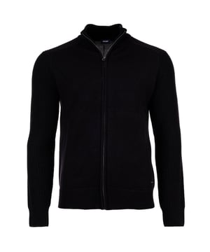 Einfarbige Cardigan für Herren von der Marke JOOP!. Hochwertiger Woll-Mix, Feinstrick mit Rippstrick kombiniert, Stehkragen-Kragen und Reißverschluss.