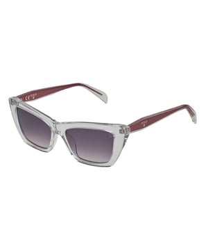 TOUS sunglasses with acetate frame.

 Shape and design:
 - These Tous glasses have a cat eye silhouette.
 - The cat eye silhouette gives the glasses a modern and edgy look.

 Frame Material:
 - The frame of these sunglasses is made of acetate.
 - The use of acetate provides durability and lightness to the frame.
 - This makes the glasses durable and comfortable to wear.

 Sideburns:
 - The temples are also made of acetate, matching the frame material.
 - Acetate on the temples adds strength and stability to the structure of the glasses.

 Brand details:
 - Engraving of the Tous bear on the temples and on one of the lenses.
 - These design elements help to clearly identify the model as part of the Tous sunglasses collection.

 Glasses:
 - The lenses are of high quality.
 - 100% UVB 400 protection.
 Measures: Lens height: 43 mm. Lens width: 54 mm. Bridge: 16 mm. Temples: 140 mm.
 Composition: Acetate
 Care:
Use a microfiber cloth.
 Avoid aggressive products.
 Wash with water and neutral soap.