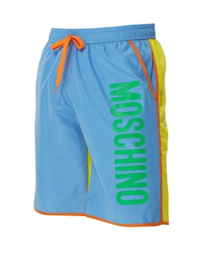 Shorts de ba�o azules Moschino, cinturilla elastica, cordones, estilo color block, 100% poliester, hecho en Italia, pernera corta con logo grande de la marca, logotipo de la marca, ropa de ba�o azul