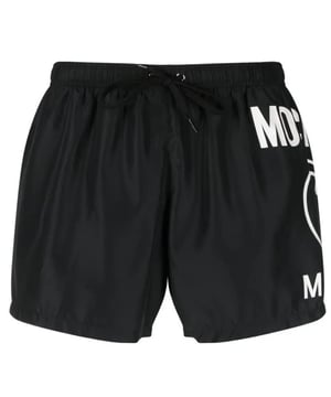 Moschino Black Swim Shorts, Elasticated Waistband, Drawstrings, MIlano Style, 100% Polyester, Made In Italy, Large Brand Logo Down Shorts Leg, Brand Logo, Black Swim Wear
