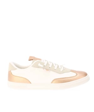 Dames Rocket Dog Zap Trainers in wit - goud.- Bovenwerk van imitatieleer en suède met goudkleurige accenten.- Witte niet-functionerende veters.- Low top slip-on ontwerp.- Zachte katoenen voering en pluche schuimzool.- Witte rubberen zool.- Ref: ZAPTS