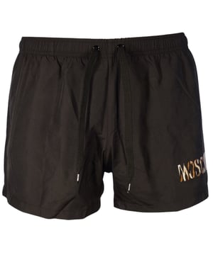 Shorts de ba�o negros Moschino, cinturilla elastica, cordones, logotipo con estampado de leopardo, 100% poliester, hecho en Italia, logotipo peque�o en la pierna izquierda, logotipo de la marca, bolsillo en la parte posterior derecha, trajes de ba�o negros