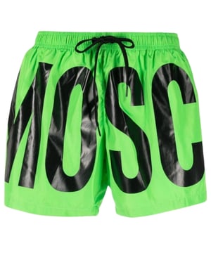 Moschino groene zwemshort, elastische tailleband, trekkoorden, all-over printlogo, 100% polyester, gemaakt in Italie, groot merklogo rondom, merklogo, groene zwemkleding