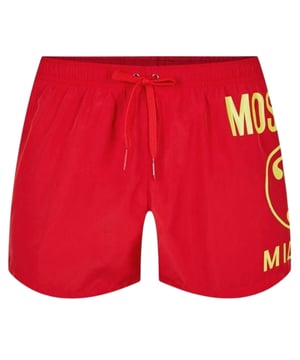 Moschino Red Swim Shorts, Elasticated Waistband, Drawstrings, MIlano Style, 100% Polyester, Made In Italy, Large Brand Logo Down Shorts Leg, Brand Logo, Red Swim Wear