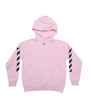 Juniors Off White Stamp Hoodie in pink - black.- Lined hood.- Kangaroo pocket.- Off stamp logo.- Diagonal details on the long sleeves.- Ribbed cuffs and hem.- 100% Cotton.- Ref: OGBB0020013010