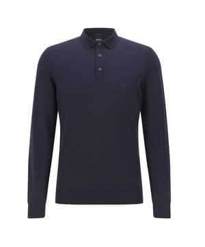 Mens BOSS Bono-L Polo Sweater in dark blue.- Polo collar- 3 button placket - Long sleeves- Tonal embroidered BOSS branding on chest- Regular fit- 100% Virgin Wool- Ref: 50435429-402