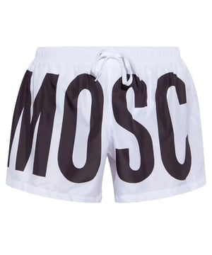 Shorts de ba�o blancos Moschino, cinturilla elastica, cordones, logotipo estampado en toda la superficie, 100% poliester, hecho en Italia, logotipo grande de la marca en todo el contorno, logotipo de la marca, ropa de ba�o blanca