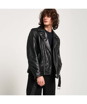 Barneys Originals real leather belted asymmetric biker jacket. Designed with a fixed belt, so you never have to worry about losing it. Finished with silver trims for a cool, edgy look.
