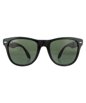 Ray-Ban Sunglasses Folding Wayfarer 4105 Black 601 50mm are a folding version of one of the most recognisable and bestselling sunglass styles worldwide and are enormously popular among celebrities, musicians and artists. The distinctive angled design and thick frame are sure to make a statement and Ray-Ban are constantly using vibrant colours and patterns to update this classic and popular style. The lightweight acetate frame is comfortable and the Ray-Ban logo is displayed on the corner of the lens in addition to the sculpted winged temples. They fold in the bridge and in the middle of the temples to give a compact finish that folds nicely into a suitable sized pouch for easy storage.