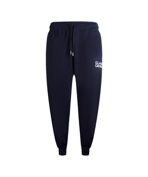 Marineblauwe joggingbroek met Cavalli Class-logo, merklogo op het linkerbeen, elastische taille en manchetten, elastische taille en been, 60% katoen 40% polyester, gemaakt in Bangladesh, marineblauwe joggingbroek