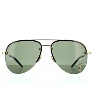 Saint Laurent Aviator Unisex Gold  Green Sunglasses Saint Laurent are a classic rimless aviator design with super slim metal temples, adjustable nose pads and plastic temple tips for a comfortable finish. One lens is embellished with the YSL logo for authenticity.