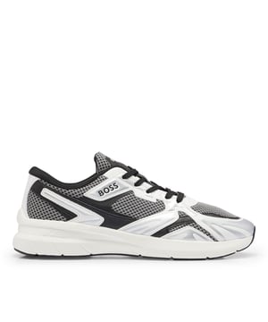 Runner inspired sneaker introduced in the SR23 Collection, for the daily urban use. Upper made of mesh, thermo and rubber synthetic leather for a fresh sporty look. BOSS embossed logo on quarter and on the backtab, printed logo on tongue. Ref: 50504289041.