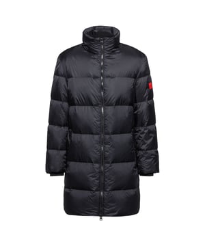 Mens HUGO Magnus Coat in back.cool leisure coat - stand collar - ribbed cuffs - zip closure and welt pockets with press button detail - HUGO logo on the sleeve- Regular fit.- Main material: 100% Polyamide (recycled)  Lining: 100% Polyester  Filling: 70% Duck down  30% Duck feather.
