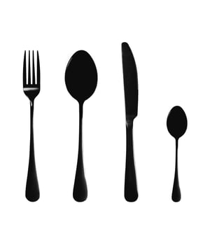 Kleed je tafel stijlvol aan met deze Krumble bestekset van 4 Met de Krumble Bestekset van 4 is de aankleding van je tafel compleet. Gewoon voor elke dag of tijdens een chique diner wil je toch ook wel in stijl eten. En stijlvol is het minste wat je van deze set kunt zeggen. Deze bestek set bestaat uit een mes, een vork, een grote lepel en een klein lepeltje. Het heeft een strak design en is van zwart staal vervaardigd.  Stijl en kwaliteit gaan samen bij Krumble Deze Krumble bestekset van 4 heeft een modern en strak design. Het heeft een glimmende afwerking, echter zonder kitcherig over te komen. Het is enerzijds modern, maar anderzijds past het ook in een landelijke of traditionele stijl. Het is van sterk staal gemaakt en is daardoor zeer duurzaam. Het bestek gaat heel lang mee zodat je er nog vele jaren kunt van genieten. Het is bijvoorbeeld ook geschikt voor buiten, voor de BBQ of voor tuinfeesten. Dankzij de ronde handvaten ligt dit bestek zeer goed in de hand en de lepel en het vork voelen aangenaam aan in de mond. Het ziet er dus niet alleen prachtig uit, het is ook comfortabel en sterk.  Schaalbaar en betaalbaar De meeste besteksets zijn verkrijgbaar per zes of per twaalf stuks van elk. Krumble biedt een bestekset van 4 aan zodat je slechts die hoeveelheid aankoopt die je zelf wilt. Je zit bijgevolg niet met overbodig bestek, wat je ruimte in je kasten en ook geld bespaart.Materiaal: StaalKleur: ZwartAfmetingen: Hoogte: 2CM x breedte: 4.5CM x Lengte: 22.5CM